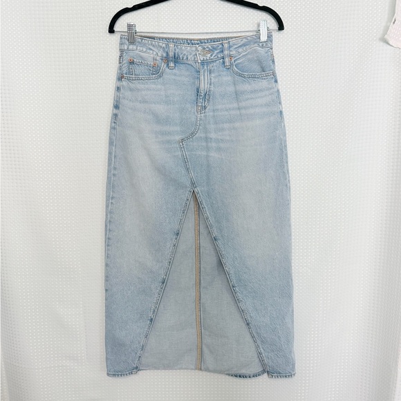 American Eagle Low Rise Denim Maxi Skirt Light Wash Y2K Slit AE Dreamy Drape | 0 - Picture 6 of 9